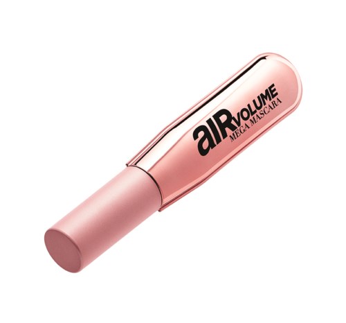 Eine rosa Kosmetikpatrone mit der Aufschrift 'air volume mascara' und einem glänzenden Metalldeckel.