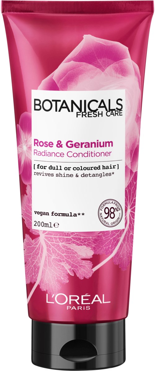 Lyserød tube med Botaniques Fresh Care Rose & Geranium Radiance Conditioner med blomster, til mat eller farvet hår.