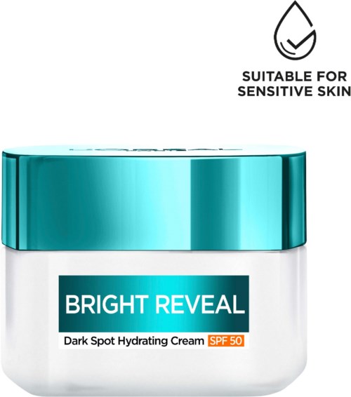 En burk Bright Reveal Dark Spot Hydrating Cream med SPF 50, lämplig för känslig hud.