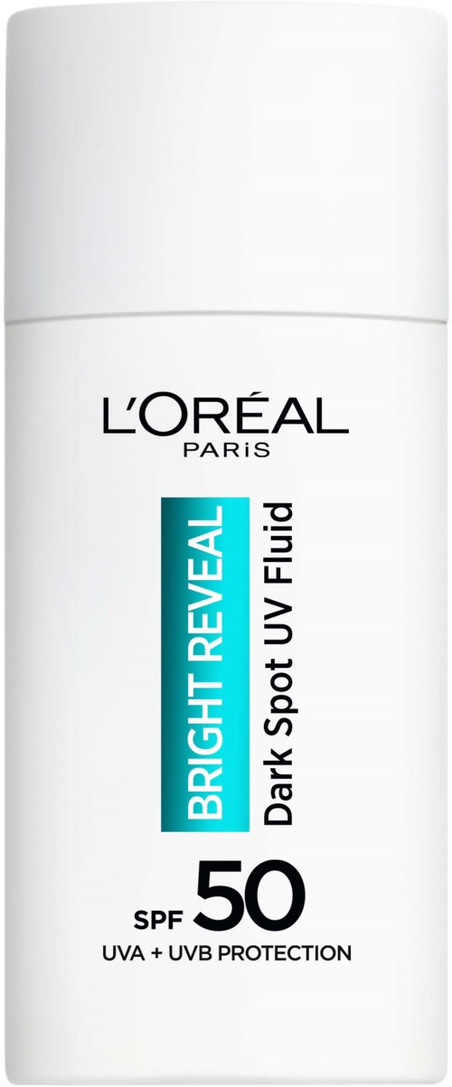 Eine weiße Flasche mit der Aufschrift L'Oréal Bright Reveal Dark Spot UV Fluid mit SPF 50. Bietet UVA- und UVB-Schutz.