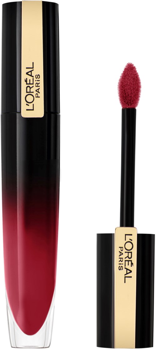 Läppglansrör med svart och röd design, märkt L'Oreal Paris, med en svampapplikator.