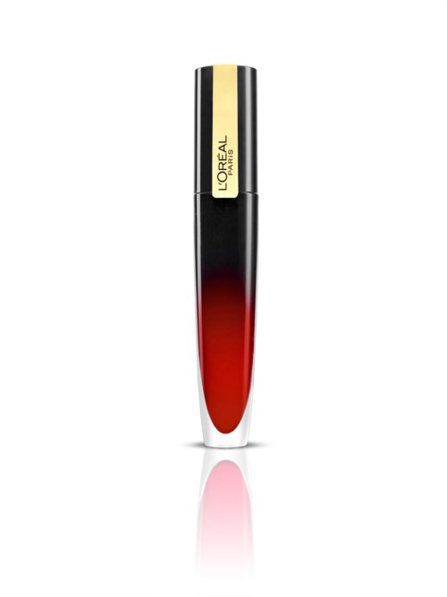 En läppstift med svart, guld och röd design, märkt L'Oreal Paris på guldkapseln.