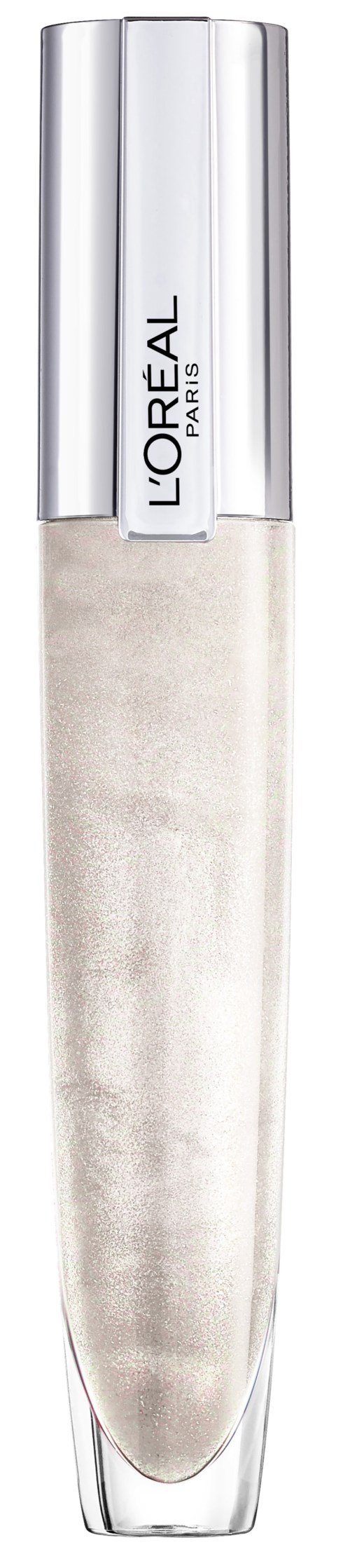 En lång, silverfärgad och klar glasflaska med en glänsande silverlock, märkt 'L'Oreal Paris'.