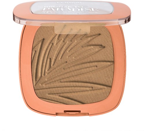 En pudermakeup-kompakt med ett lövliknande mönster i ljusbrunt med ett rosa skal och klar lock.