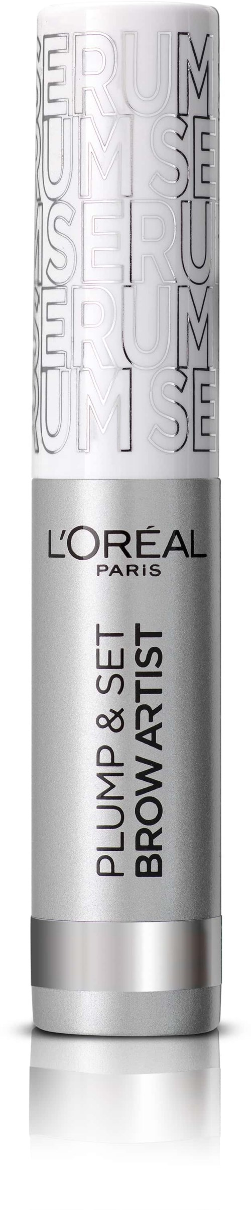 En hvit sylinderformet sminkeprodukt merket 'L'Oréal Paris Plump & Set Brow Artist'.