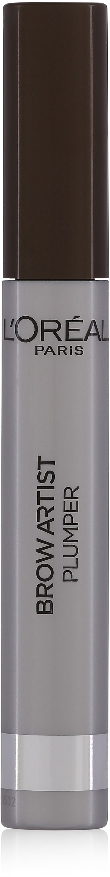 En kosmetisk produkt i cylinderform med svart lock, grå kropp och varumärket L'Oréal Paris. Det är en brynförstärkare.