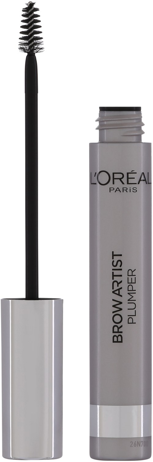 En tub med L'Oréal Brow Artist Plumper med en påsatt borste, delvis öppnad för att visa borsten.
