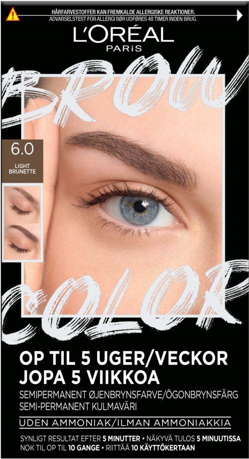 L'Oréal eyebrow eyebrow gel for light blondes, visible eye and brow close-ups, with product details and usage instructions.