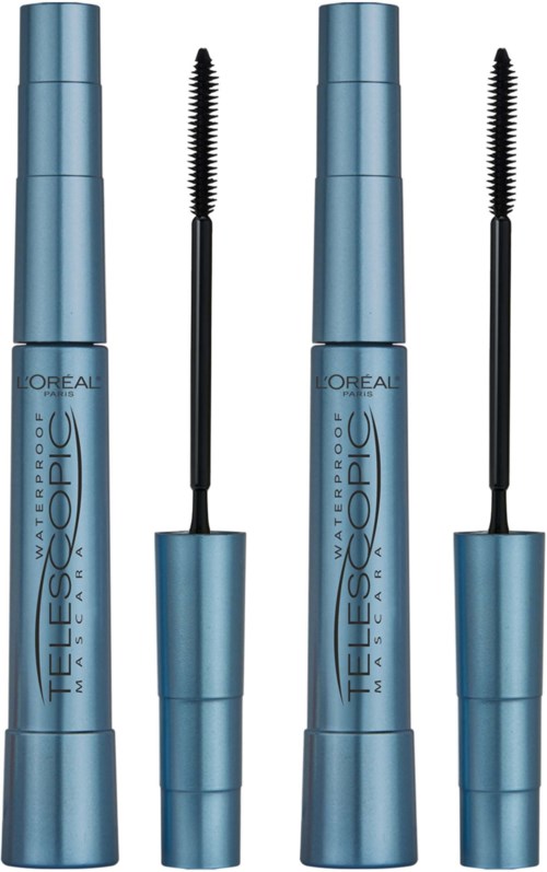 Dwa niebieskie tusze do rzęs z pędzelkami, oznaczone 'L'Oreal' i 'Telescopic' na białym tle.