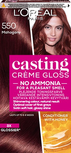 Farba do włosów L'Oreal Paris w odcieniu Mahogany, kobieta z długimi, błyszczącymi, kasztanowymi włosami.