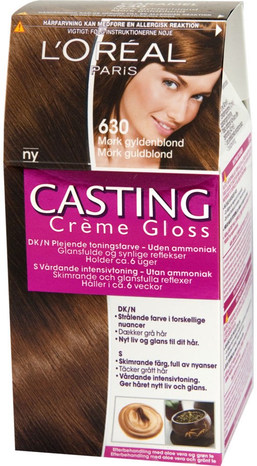 Pudełko farby do włosów L'Oréal z obrazem kobiety i brązowymi włosami, oznaczone 'Casting Creme Gloss'.