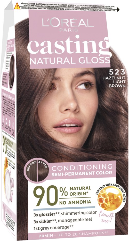 L'Oréal Casting hårfärgbox med en kvinna med brunt hår, rosa etikett och produktdetaljer.