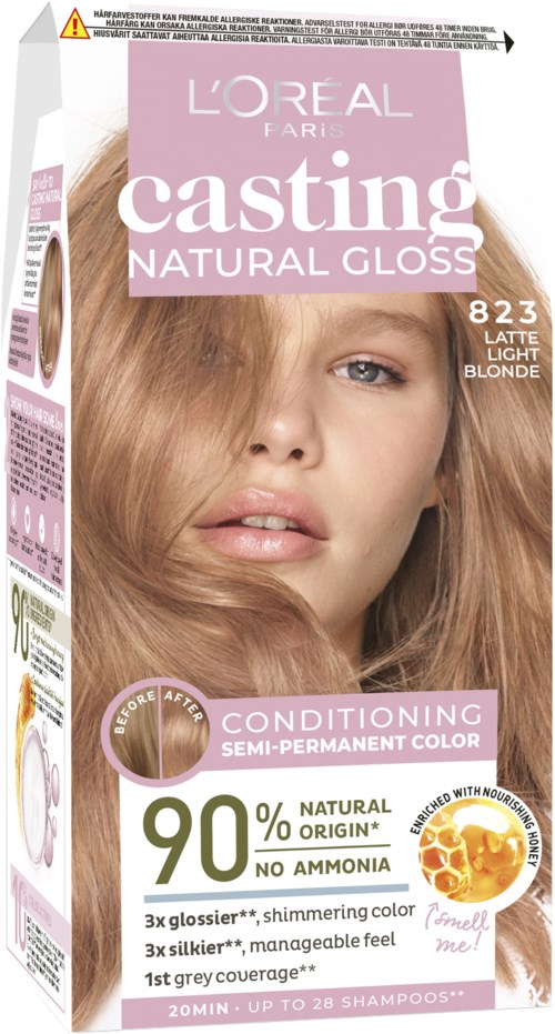 L'Oréal Casting Natural Gloss hårfärg i nyansen 823 Latte Light Blonde, med en modell och information om produkten.