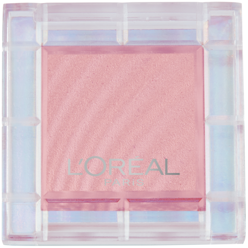 A pink pressed powder eyeshadow in a clear, square plastic case with a decorative border.