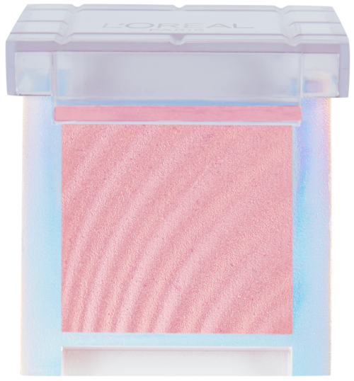A pink blush compact with a clear plastic lid showing the powder inside.