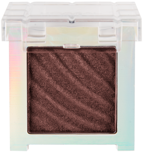 A small eyeshadow in a square container with a shimmery, dark brown color. The container has a clear lid.