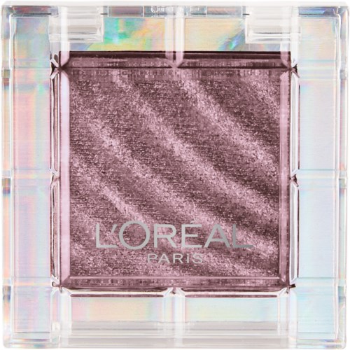 A small square eyeshadow container with shimmering purple makeup and the L'Oreal Paris logo on it.