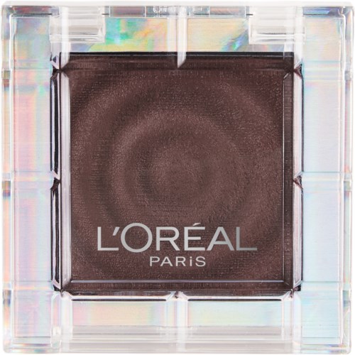 A square brown eyeshadow in a clear plastic case with a shiny, reflective border. The brand label L'Oréal Paris is on it.