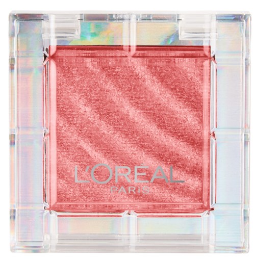 A pink blush eyeshadow in a clear, square container with holographic edges, marked with "L'Oreal Paris".