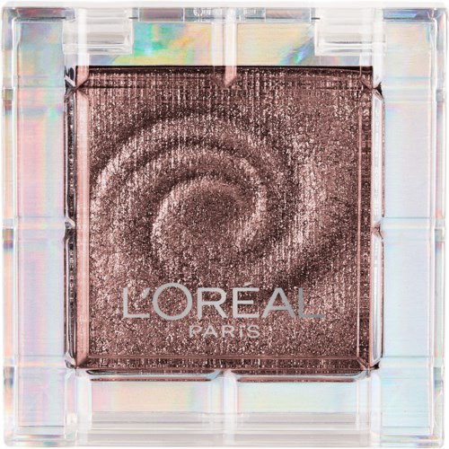A square makeup eyeshadow with a deep, sparkly pink color and a swirl design, branded with L'Oréal Paris.