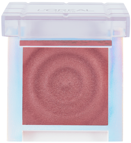 A blush compact with pink powder and a transparent lid displaying brand name. Compact is square-shaped.