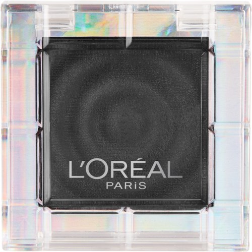 A black makeup eyeshadow in a clear square case with L'Oréal Paris logo.