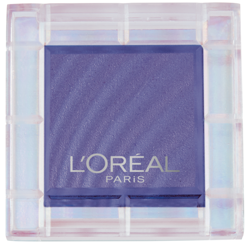 A purple L'Oréal eyeshadow in a clear case. The square makeup has a shiny surface and is branded with L'Oréal Paris.