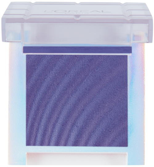 A makeup eyeshadow compact with purple and blue shades, inside a clear plastic container.