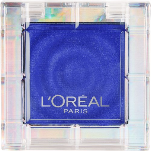 A blue L'Oréal Paris eyeshadow in a clear, square container with a shiny, glass-like border.