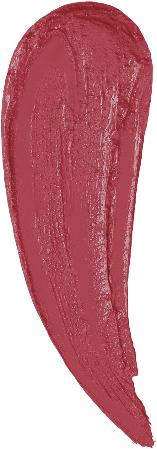 A large, curved, pinkish-red lipstick smear or stroke on a white background.