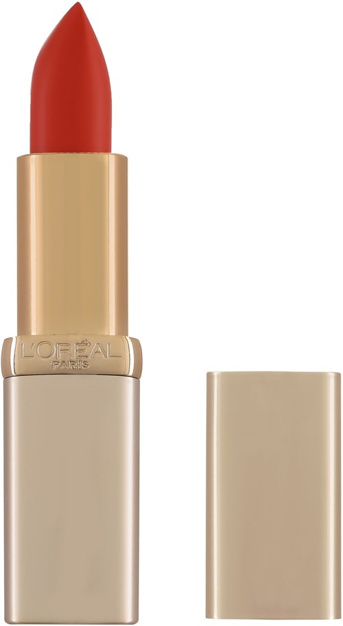 A red lipstick in a gold and beige case with the cap removed, showing the lipstick. L'Oréal Paris logo on the case.