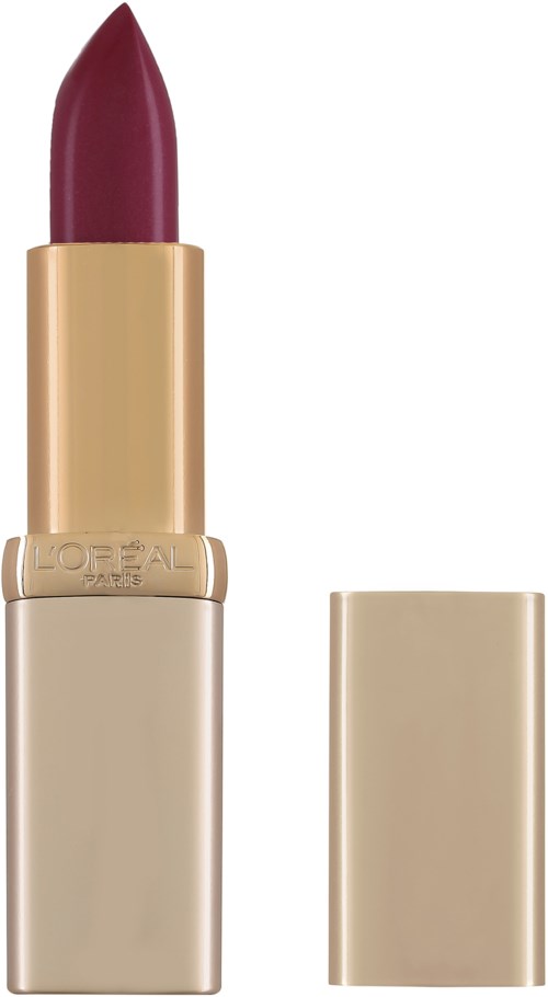 A lipstick in a gold and beige tube with a maroon color. The lid is off and the lipstick is visible.
