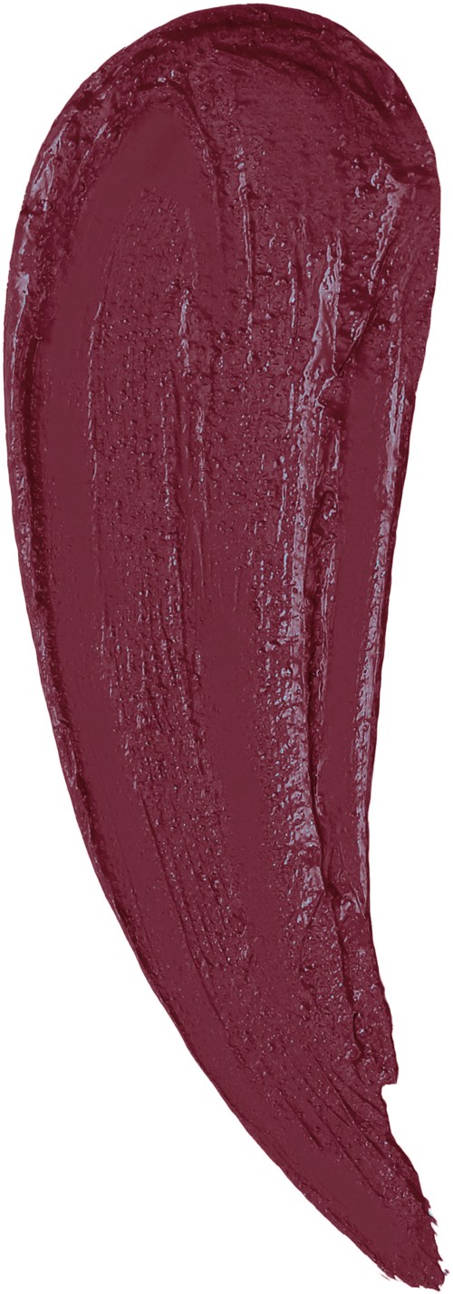A large, curved, burgundy-colored paint stroke on a white background.