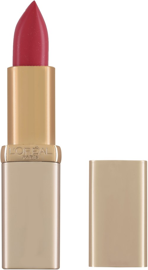 Ett läppstift med röd färg i en beige tub, utan lock, placerad bredvid.