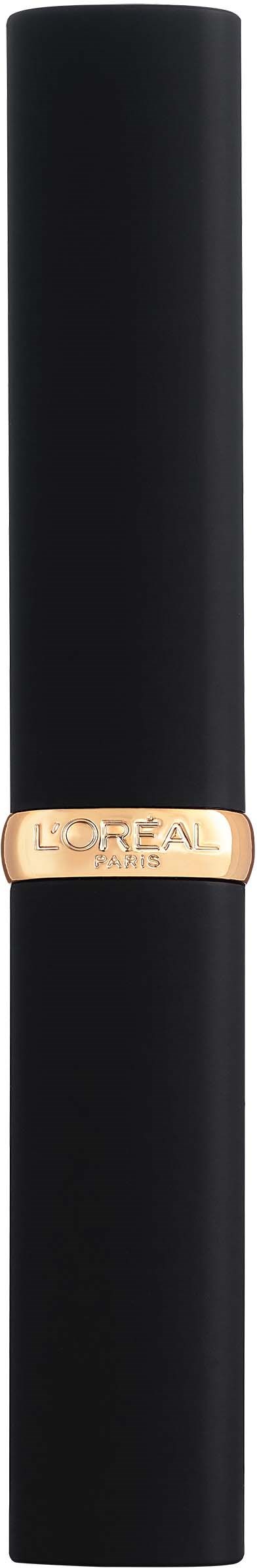En lång, smal svart cylindrisk behållare med en guldband nära mitten som visar L'Oréal-loggan.