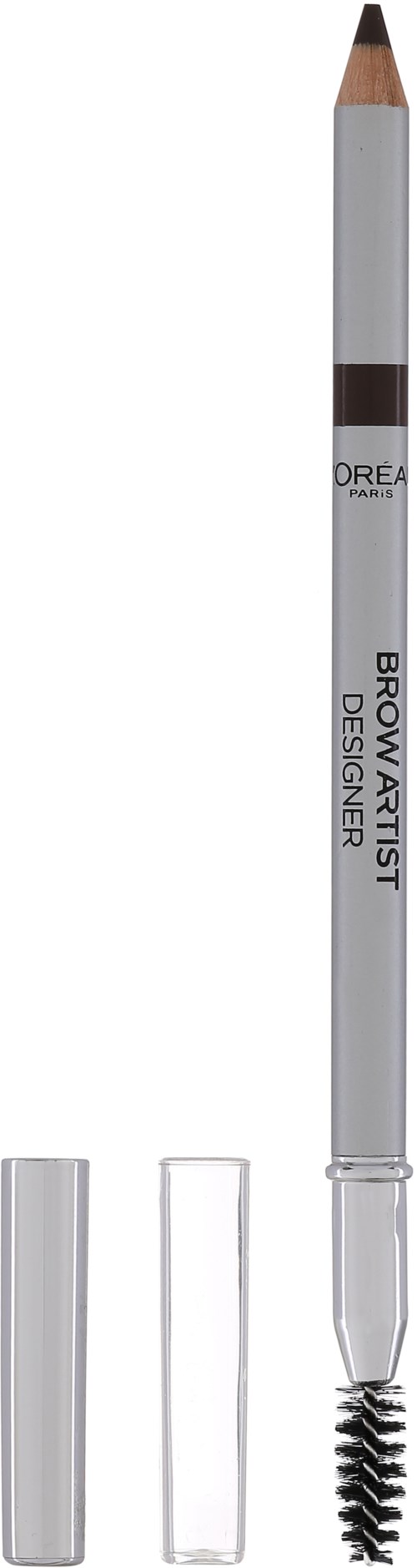 En vit ögonbrynspenna med brunt tips, lock och borste, märkt 'BROW ARTIST' och 'DREAM'.