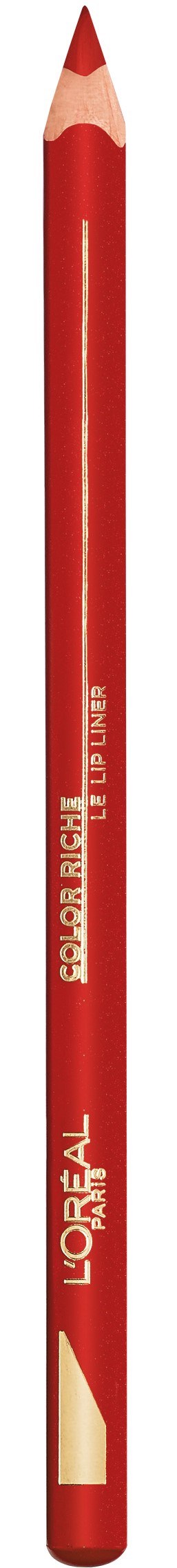 Ein roter Bleistift mit weißem Text und spitzer Spitze, steht senkrecht.