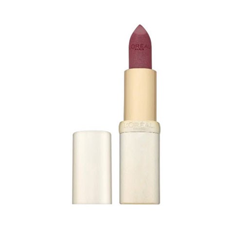 A lipstick with a burgundy shade in a white case, with the lid open showing the lipstick.