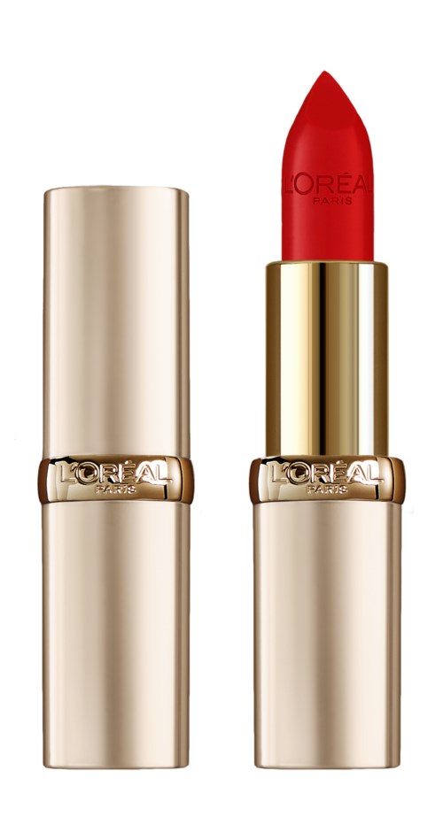 Ein roter Lippenstift mit Goldhülle und L'Oreal-Logo. Der Lippenstift ist geöffnet und zeigt die rote Farbe.