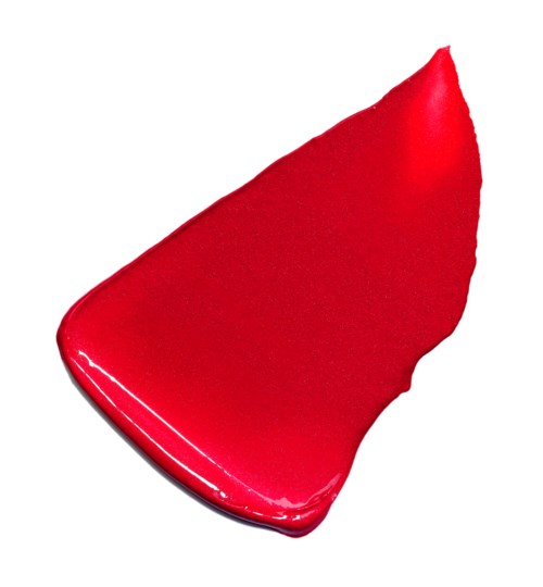 Ein leuchtend rotes, glattes, keilförmiges Objekt mit abgerundeter Kante und glänzender Oberfläche.