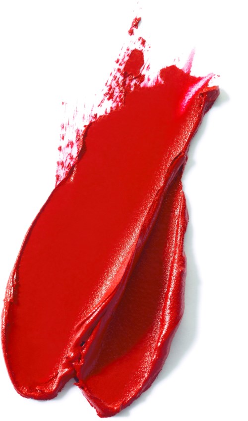 Ein Lippenstift, der mit knallrotem Lippenstift auf weißem Hintergrund verschminkt ist.