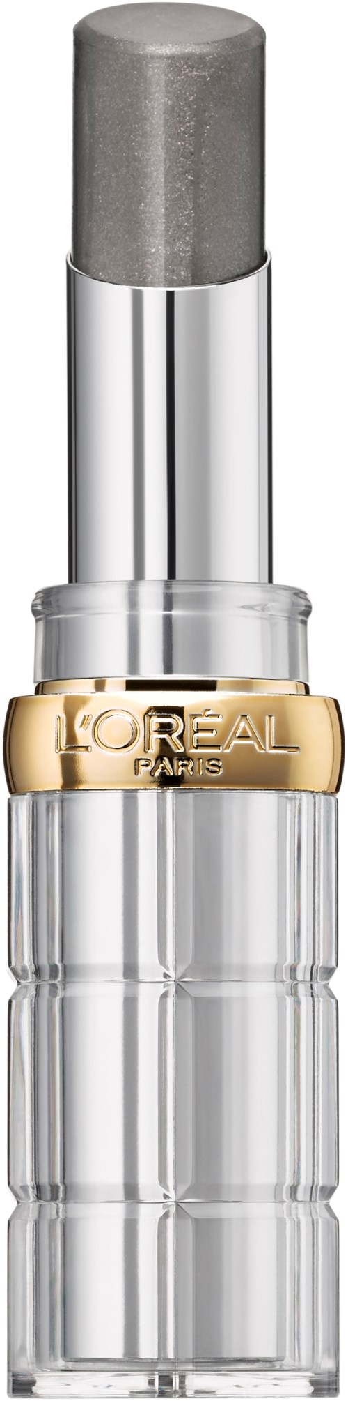 Ein silberner und goldener Lippenstift mit klarem Boden, mit der Beschriftung L'Oréal Paris, steht vertikal.