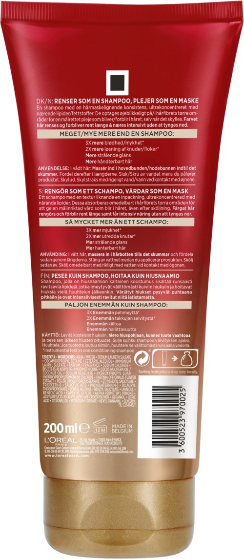 Red shampoo bottle with product instructions and barcode, 200ml size, gold flip cap.