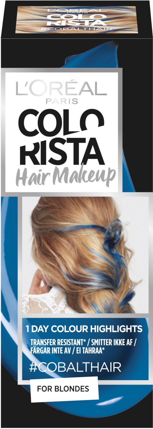 Verpakking van L'Oréal haarkleuring voor blondines met blauwe highlights, belooft snelle kleurverandering, resistent, gemakkelijk te gebruiken.
