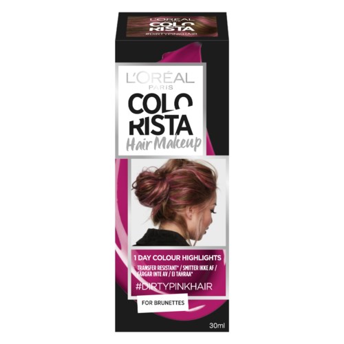 Een doos L'Oréal Colorista haarmake-up voor brunette met roze highlights, toont een vrouw met roze haar.