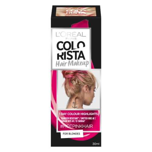 L'Oréal haarverfdoos toont een vrouw met roze highlights in blond haar en roze accenten op de verpakking.