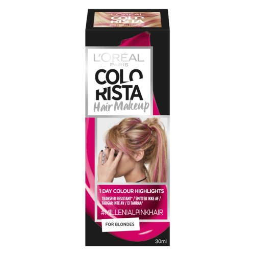 Een haarmake-up voor blondines met roze highlights, met een vrouw met blond haar en roze streaks.