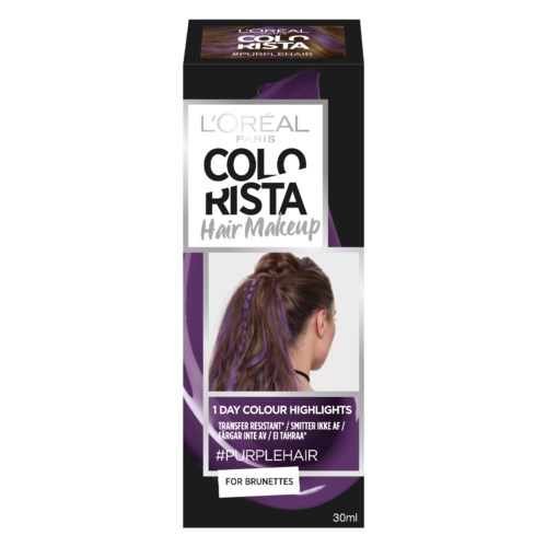 Verpakking voor L'Oréal Paris haarmake-up met paarse highlights, toont een vrouw met paarse strepen in bruin haar.