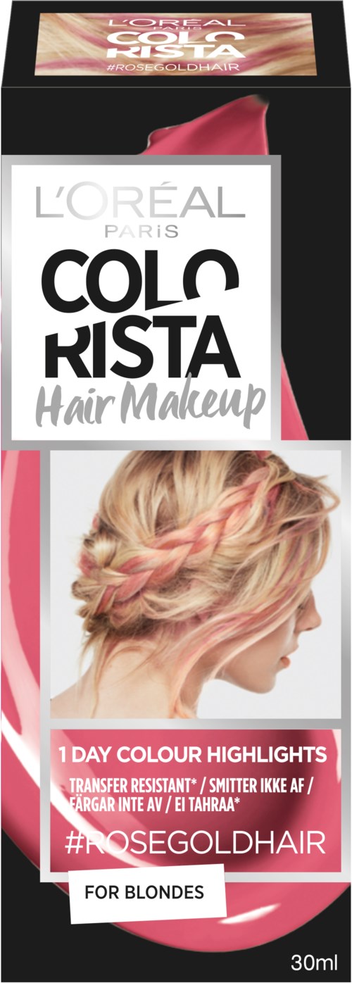 Een doos L'Oreal Parishaarverf voor blondines met een foto van een vrouw met blond gevlochten haar.