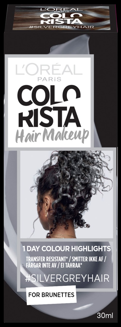 Een doosje L'Oréal Paris haarkleur voor brunettes, voor grijs haar, met een vrouw met krullend grijs haar.